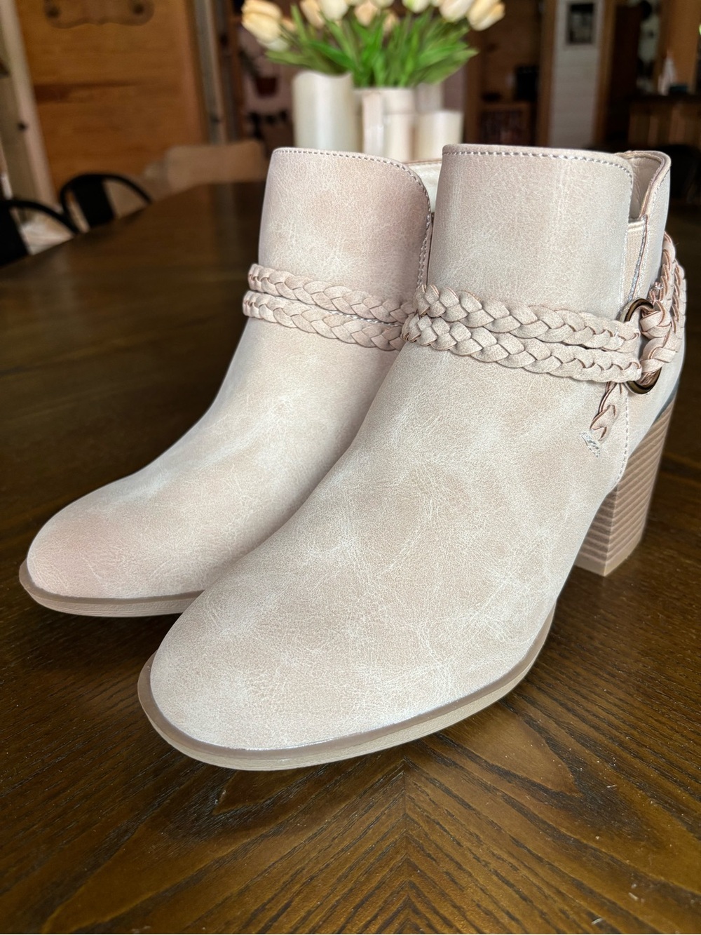 Sugar Sandlot Braided Strap Ankle Booties Women’s 8 Nude Beige Block Heel NIB